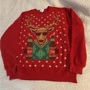 Festive Red Sweatshirt with Reindeer Design and Beer E2